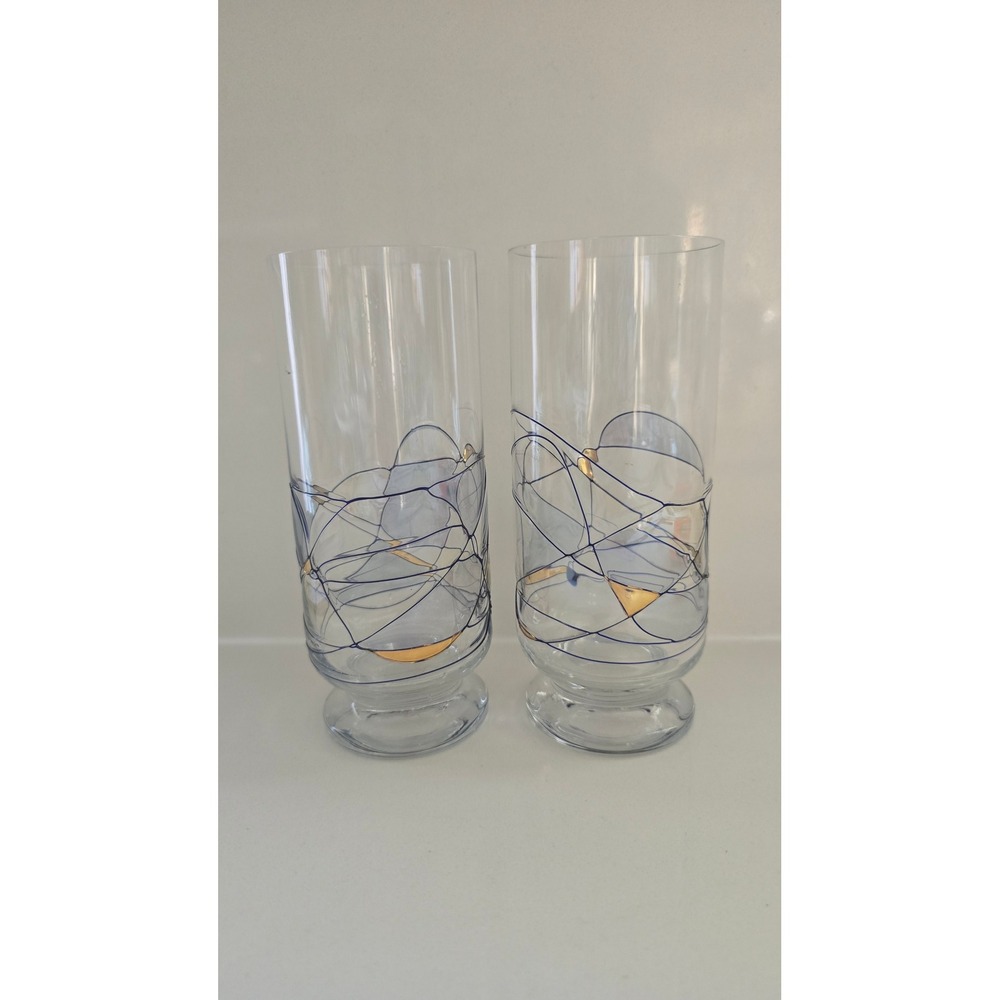 Fostoria Hand Painted Abstract Blue Gold Leaf Footed Highball Glasses Set of 2